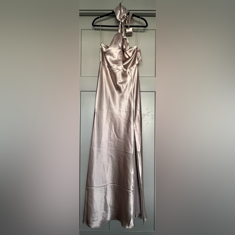 NWT Birdy Grey Monica Satin Halter Dress - Taupe - Medium